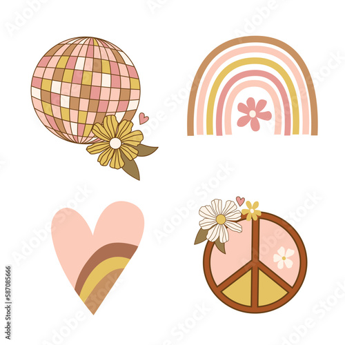 Groovy disco ball, heart, flowers, peace things aand etc. Hippie 60s 70s posters. Yellow, pink colors. Greeting card, sticker, cover, t-shirt print, party invitation.