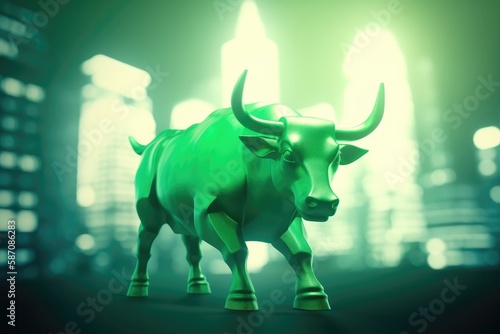 3D illustration of a big green bull on blur city background. Business and trading up trend concept. Generative AI © Kanisorn