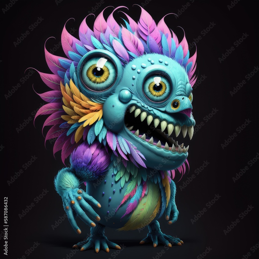 A cartoon, multicolored monster with teeth, feathers. On a solid background. Generative AI A cartoon, multicolored monster with teeth, feathers. On a solid background. Generative AI