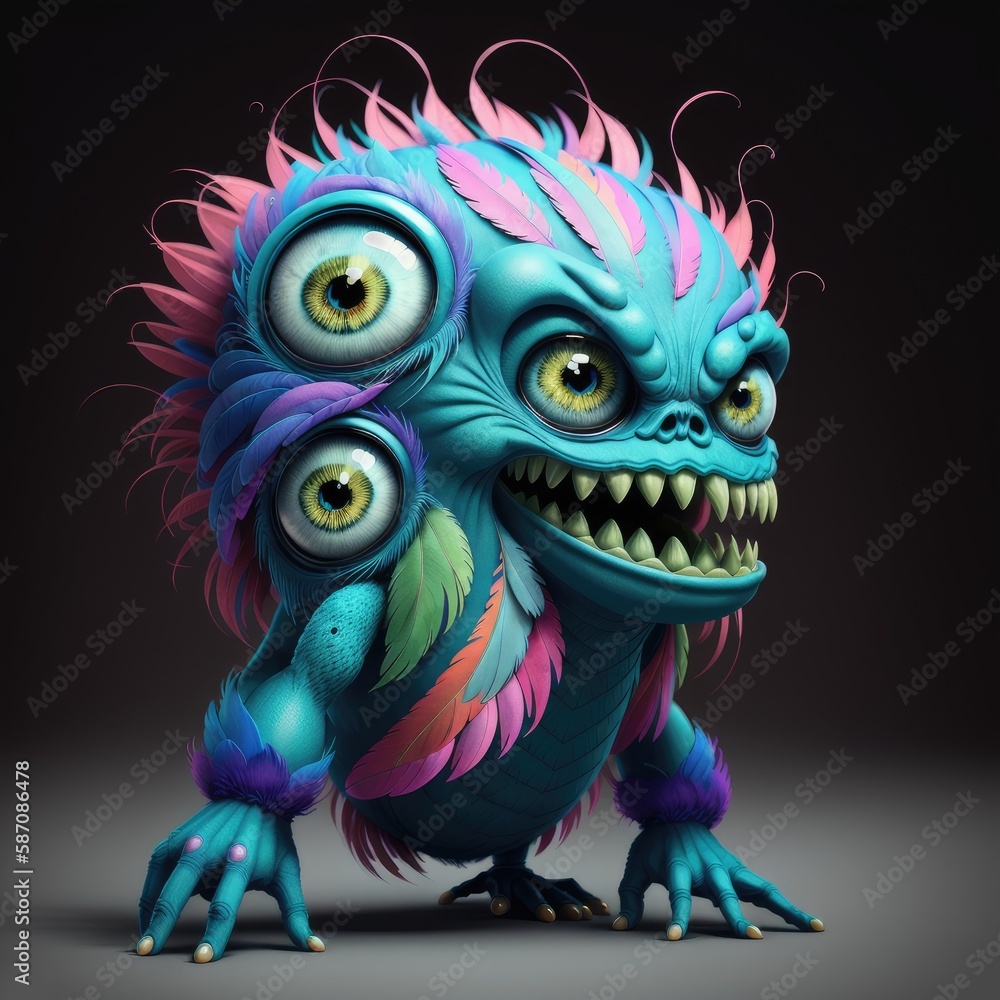 A cartoon, multicolored monster with teeth, feathers. On a solid background. Generative AI A cartoon, multicolored monster with teeth, feathers. On a solid background. Generative AI