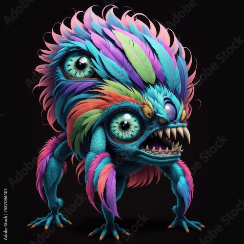 A cartoon, multicolored monster with teeth, feathers. On a solid background. Generative AI photo