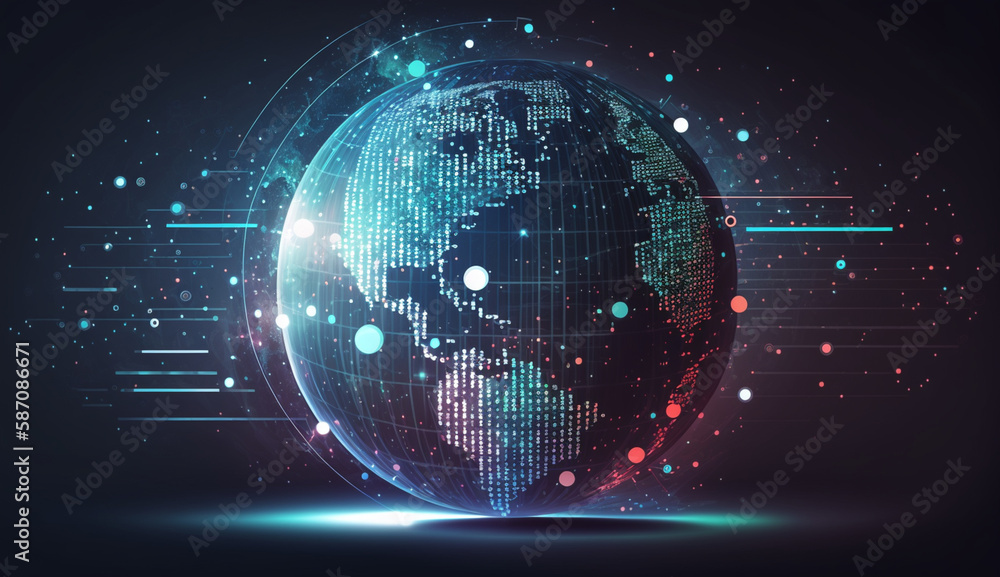 Obraz premium Global business network, software technology investment, data analysis and processing, digital marketing concept. Business technology background, Generative Ai.