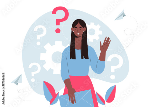 Businesswoman asking question. Young girl on background of gears. Entrepreneur solves problem, looks for solution. Student at lecture, webinar or master class. Cartoon flat vector illustration