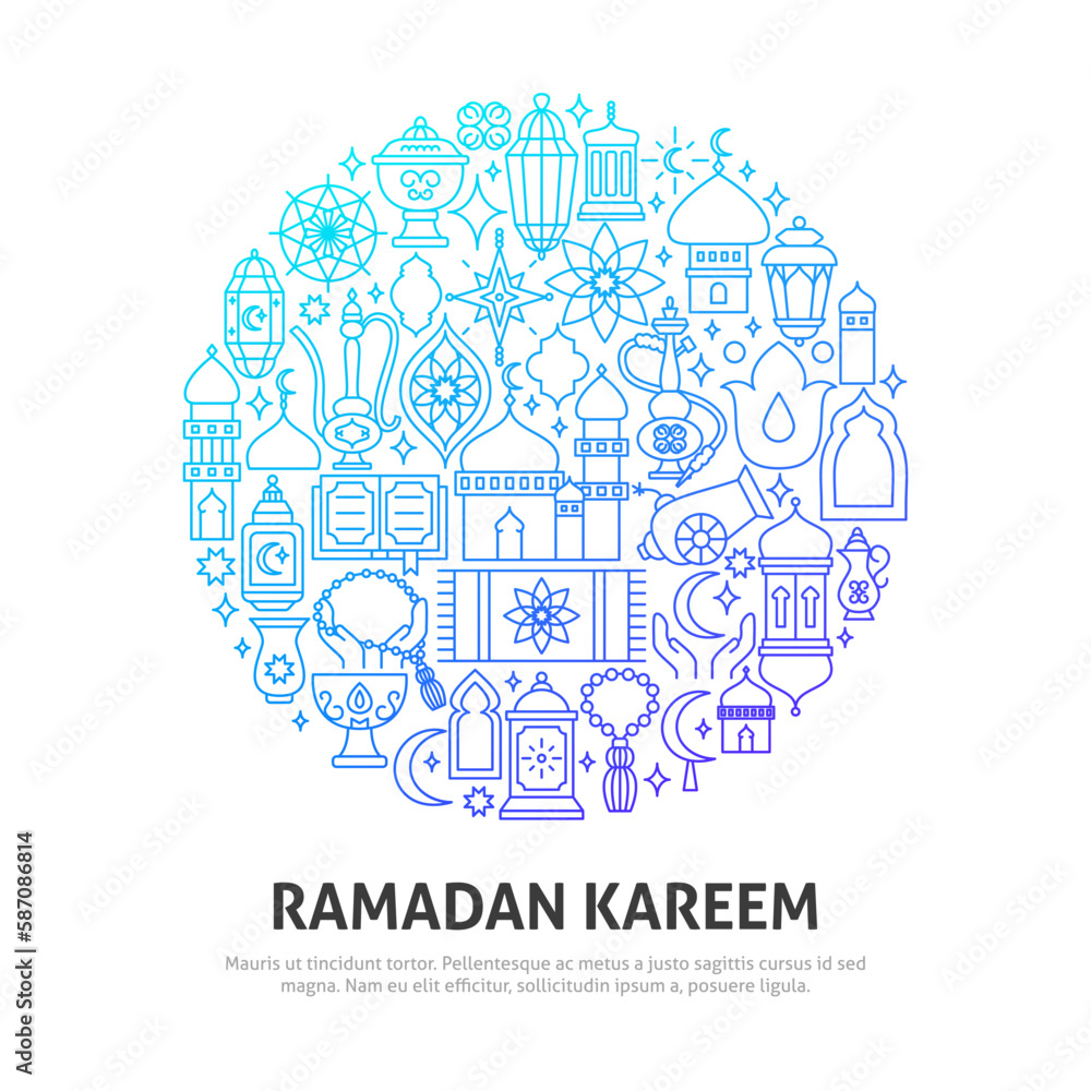 Ramadan Kareem Circle Concept. Vector Illustration of Outline Design.