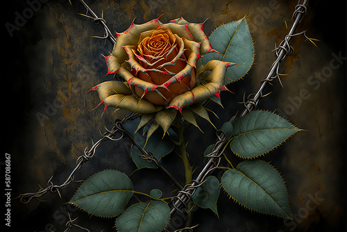 A single fragile rose surrounded by thorns and barbed wire, symbol of innocence in a harsh and unforgiving world. Underlining the need to protect young women. Generative AI photo