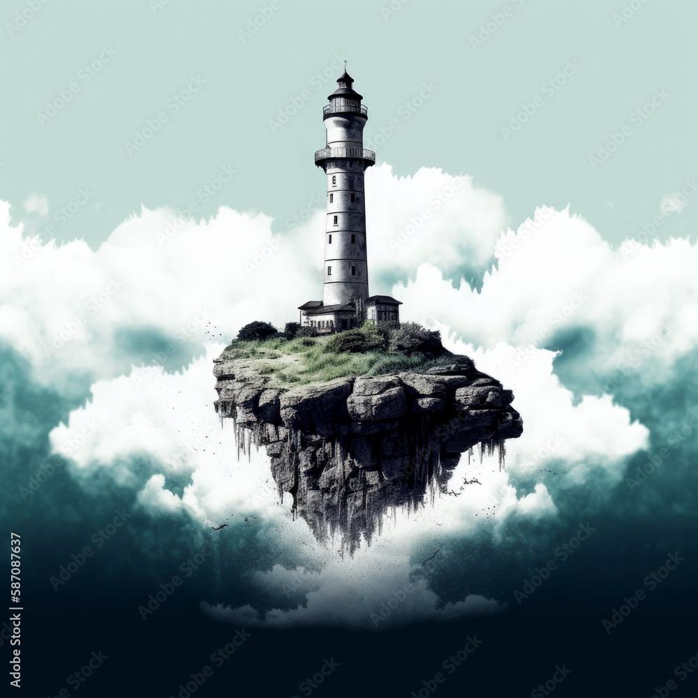 A fantastic high lighthouse tower on a stone island flies in the air. Freehand sketch of a fantasy story.