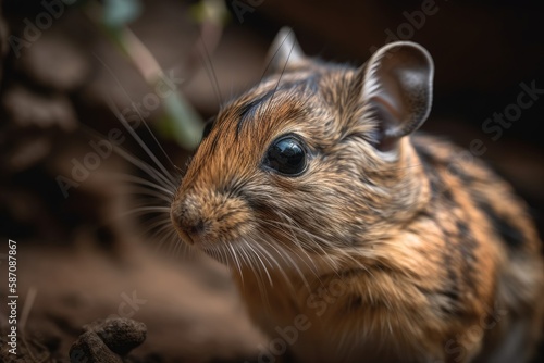 Degu in close proximity with a short depth of field. The name degu alone may refer to the entire genus Octodon or, more likely, to O. degus. Generative AI © AkuAku