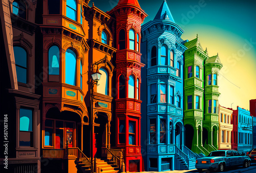 San Francisco street scene featuring varied architecture in a range of colors and styles. Use complementary colors like green/red or blue/orange for contrast and brilliance. Generative AI