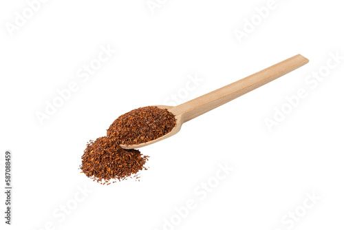 Rooibos tea medium cut on wooden spoon isolated on white background. Rooibos in latin Aspalathus linearis. herb. herbal tea. food ingredient.