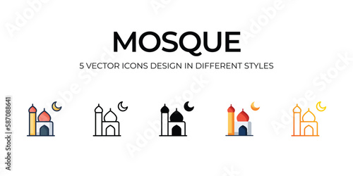 Mosque Icon Design in Five style with Editable Stroke. Line  Solid  Flat Line  Duo Tone Color  and Color Gradient Line. Suitable for Web Page  Mobile App  UI  UX and GUI design.