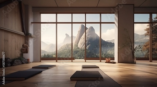 yoga room with minimal architecture of beautiful mountains and sunlight - ideal for real estate photography and interior design. generative ai