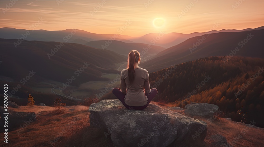Eine Frau betreibt Meditation auf einem Stein in den Bergen beim Sonnenuntergang, created with Generative AI technology Eine Frau betreibt Meditation auf einem Stein in den Bergen beim Sonnenuntergang, created with Generative AI technology