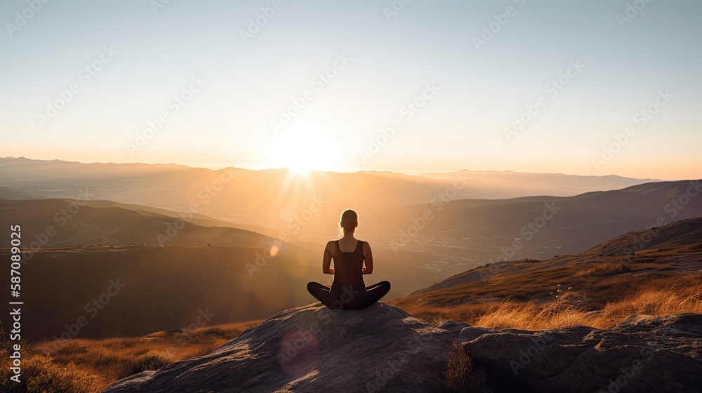 Eine Frau betreibt Meditation auf einem Stein in den Bergen beim ...