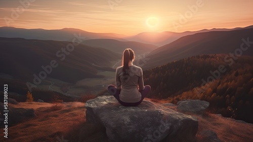 Eine Frau betreibt Meditation auf einem Stein in den Bergen beim Sonnenuntergang, created with Generative AI technology