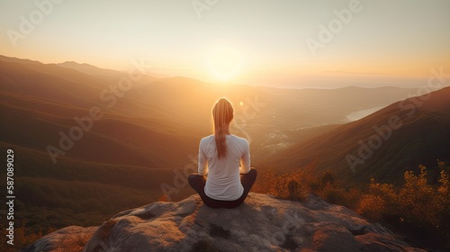 Eine Frau betreibt Meditation auf einem Stein in den Bergen beim Sonnenuntergang, created with Generative AI technology