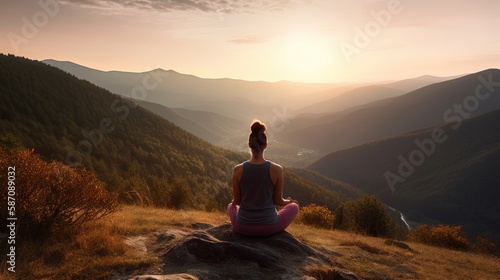 Eine Frau betreibt Meditation auf einem Stein in den Bergen beim Sonnenuntergang, created with Generative AI technology