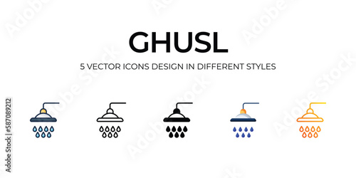 Ghusl Icon Design in Five style with Editable Stroke. Line, Solid, Flat Line, Duo Tone Color, and Color Gradient Line. Suitable for Web Page, Mobile App, UI, UX and GUI design.