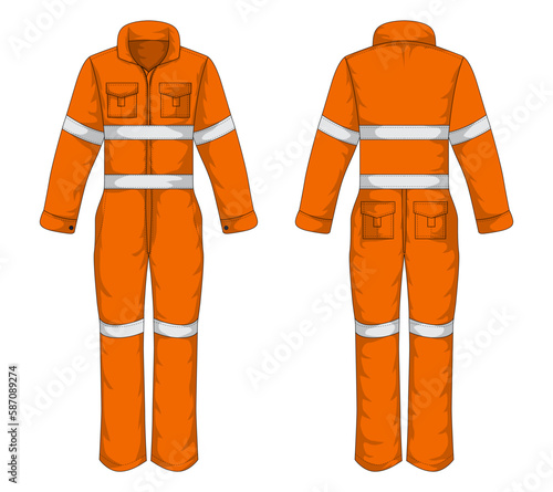 Front and back view of orange workwear template. Men's Coverall, wearpack vector illustration