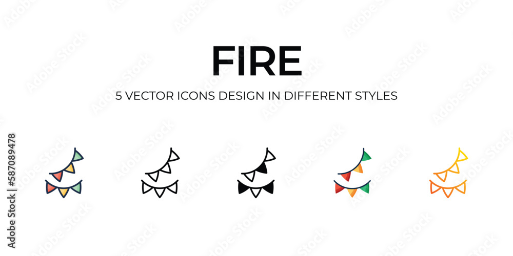 Fire Icon Design in Five style with Editable Stroke. Line, Solid, Flat Line, Duo Tone Color, and Color Gradient Line. Suitable for Web Page, Mobile App, UI, UX and GUI design.