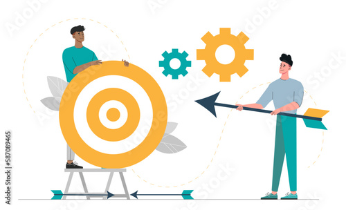 Concept of focus. Man with arrow in his hand in front of target. Motivation and leadership, attention. Goal setting and planning. Business target and objective. Cartoon flat vector illustration