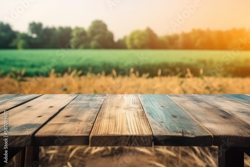 rustic wooden table set in a beautiful countryside field. Generative AI