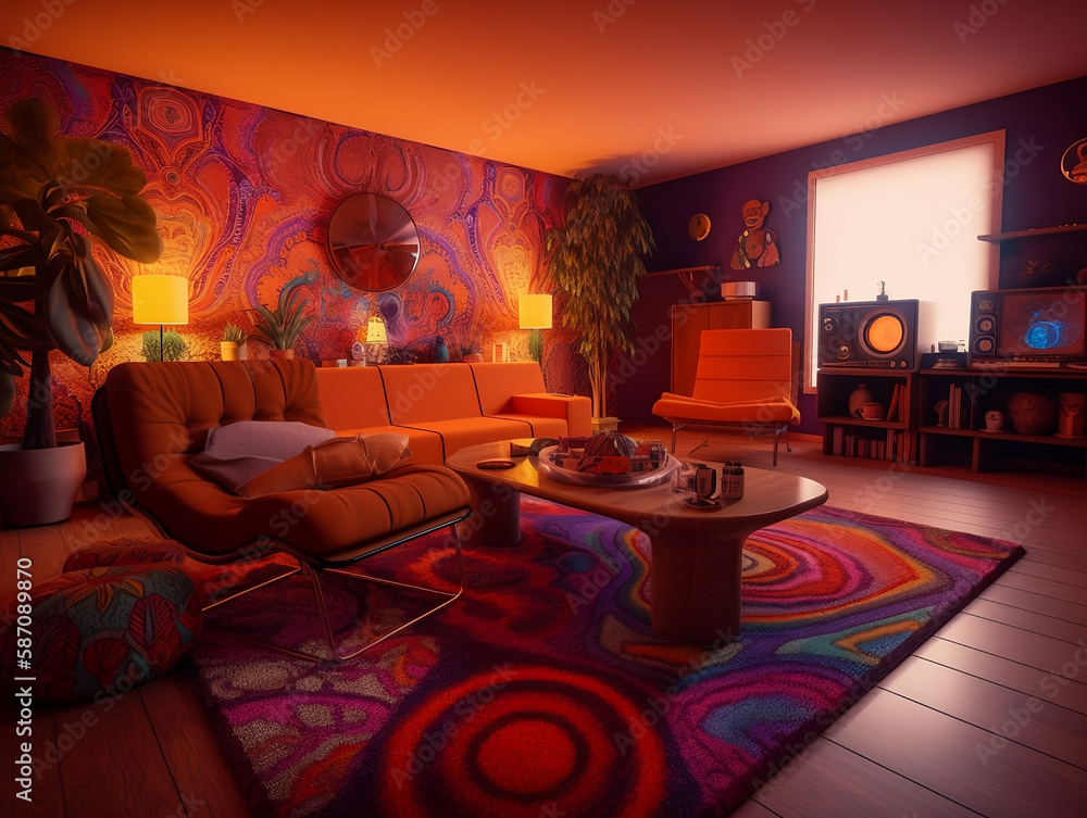 psychedelic 70's living room - nostalgic 70's theme with vibrant and  eye-catching psychedelic art on simple plain wall background - ideal for  real estate photography and interior design. generative ai Illustration  Stock