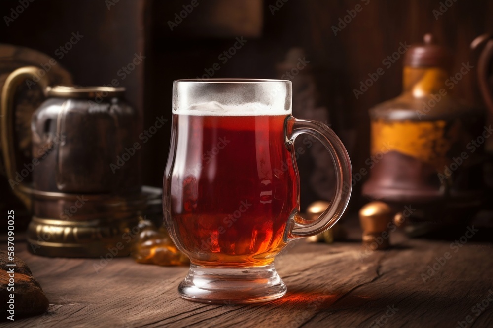 Amber beer ale in glass mug in tavern pub. Generative AI Amber beer ale in glass mug in tavern pub. Generative AI