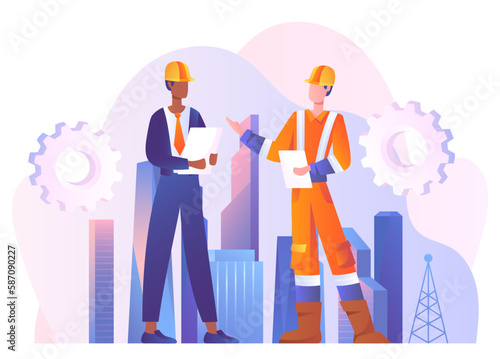 Inspector foreman concept. Men in suits and protective helmets against backdrop of buildings. Construction and engineering, architects. Manager controlling process. Cartoon flat vector illustration