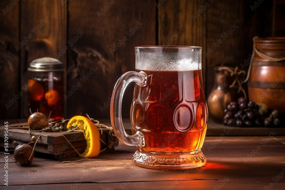 Amber beer ale in glass mug in tavern pub. Generative AI Amber beer ale in glass mug in tavern pub. Generative AI