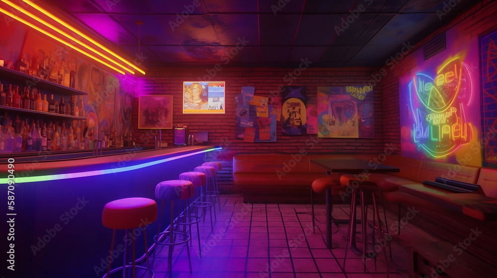 psychedelic 70's bar - nostalgic 70's theme with vibrant and eye-catching psychedelic art on simple plain wall background - ideal for real estate photography and interior design. generative ai