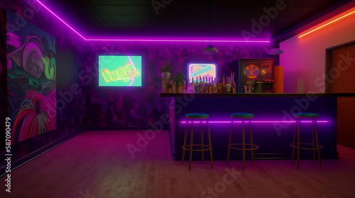 psychedelic 70's bar - nostalgic 70's theme with vibrant and eye-catching psychedelic art on simple plain wall background - ideal for real estate photography and interior design. generative ai