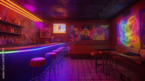 psychedelic 70's bar - nostalgic 70's theme with vibrant and eye-catching psychedelic art on simple plain wall background - ideal for real estate photography and interior design. generative ai