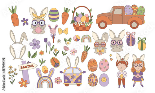 Groovy hippie Happy Easter. Set of Easter bunnies in trendy retro 60s 70s cartoon style. Track, girl, boy, basket, eggs, bunny ears, carrot, disco groovy ball, rainbow