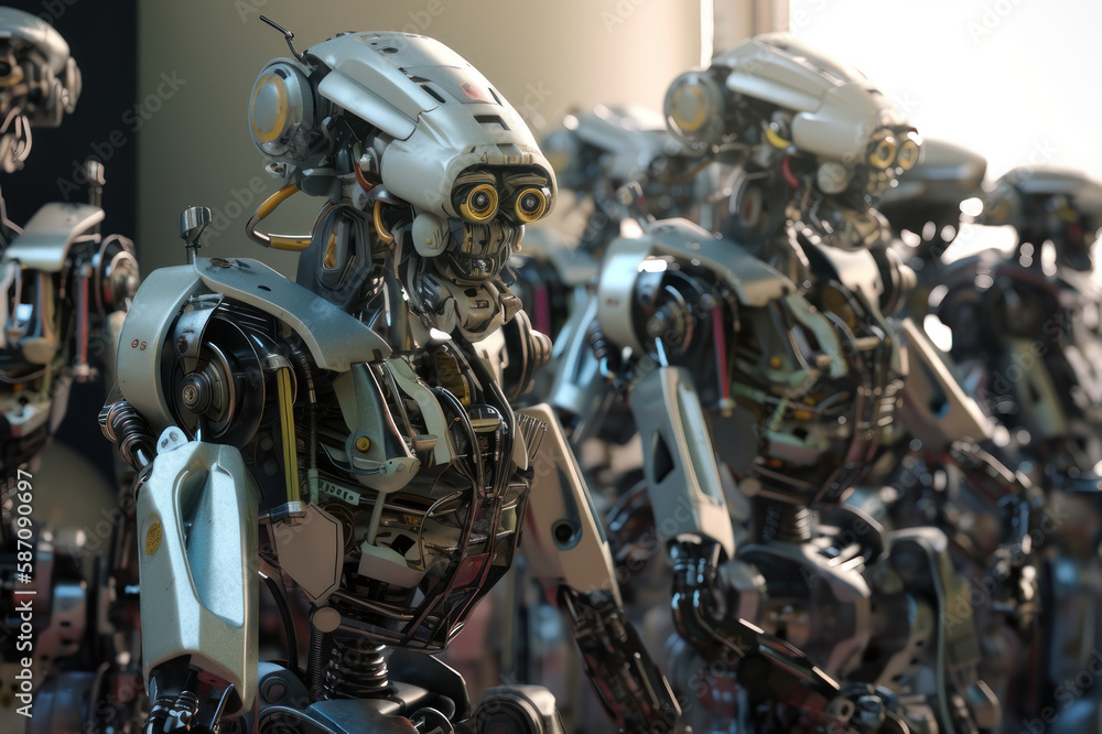 Lots of metal robots. AI generative. Lots of metal robots. AI generative.