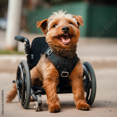 cute terrier dog wearing a black harness in a wheelchair. Created with generative AI tools
