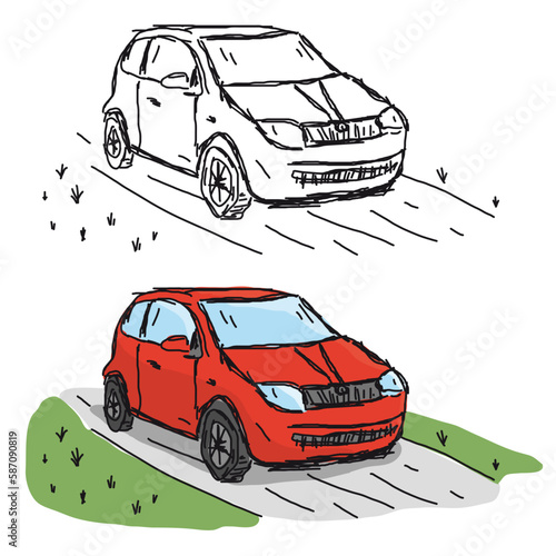 Small red passenger car hand drawn with black lines on a white background. Simple drawing of a car for children.