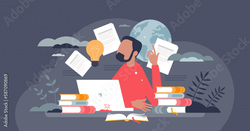 Digital literacy and information understanding skills tiny person concept. Literature reading and ability to understand real news and to analyze vector illustration. Info article resource management.
