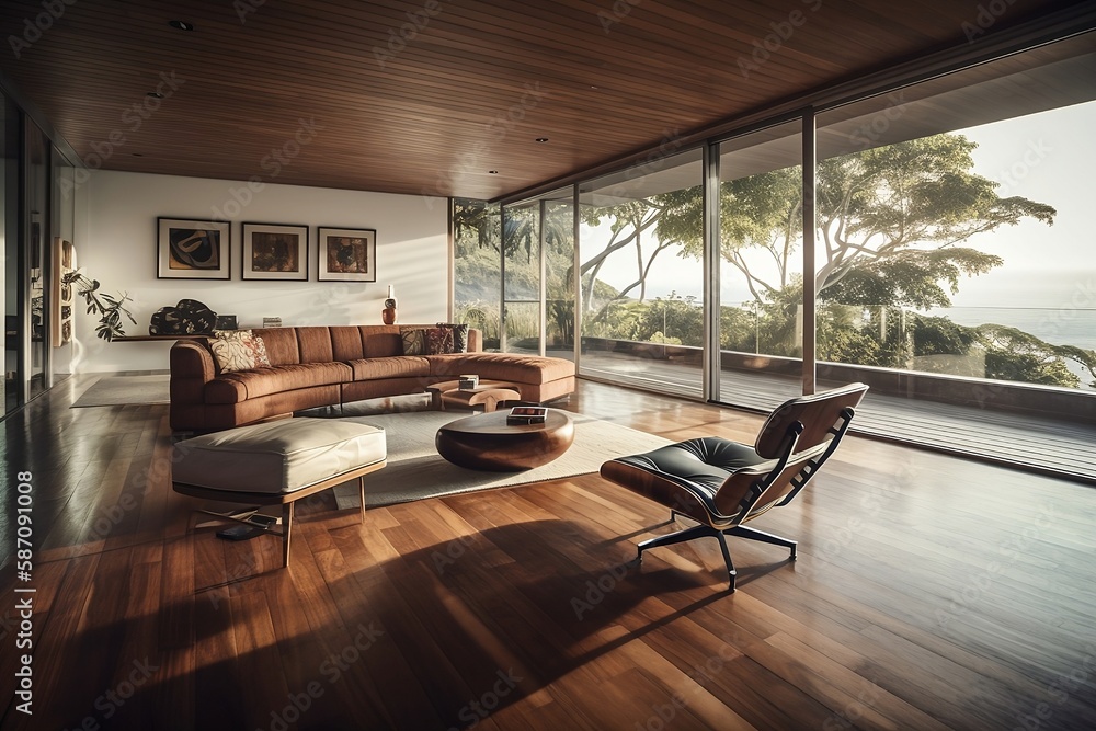 Fototapeta premium Serene Oceanfront Living Room - Contemporary Design and Natural Beauty in Costa Rica. generative ai