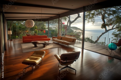 Serene Oceanfront Living Room - Contemporary Design and Natural Beauty in Costa Rica. generative ai © Akash