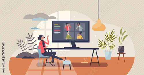 Video conferencing call as online group communication tiny person concept. Videocall technology for digital distant meetings vector illustration. Business discussion with colleagues in live stream.