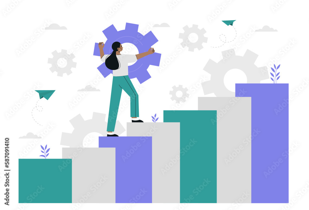 Woman with persistence. Young girl on growing chart with gear in her hands. Hardworking entrepreneur or employee. Motivation and leadership Woman with persistence. Young girl on growing chart with gear in her hands. Hardworking entrepreneur or employee. Motivation and leadership