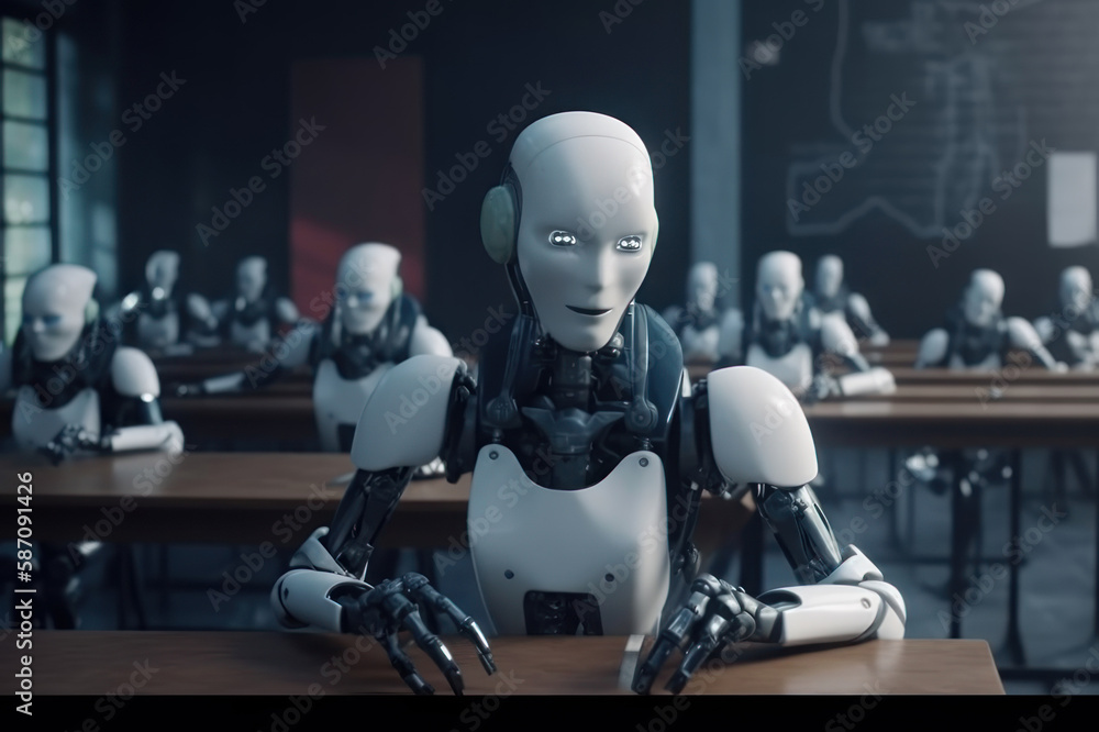 A white robot sits at a table in a robot school. AI generative. A white robot sits at a table in a robot school. AI generative.