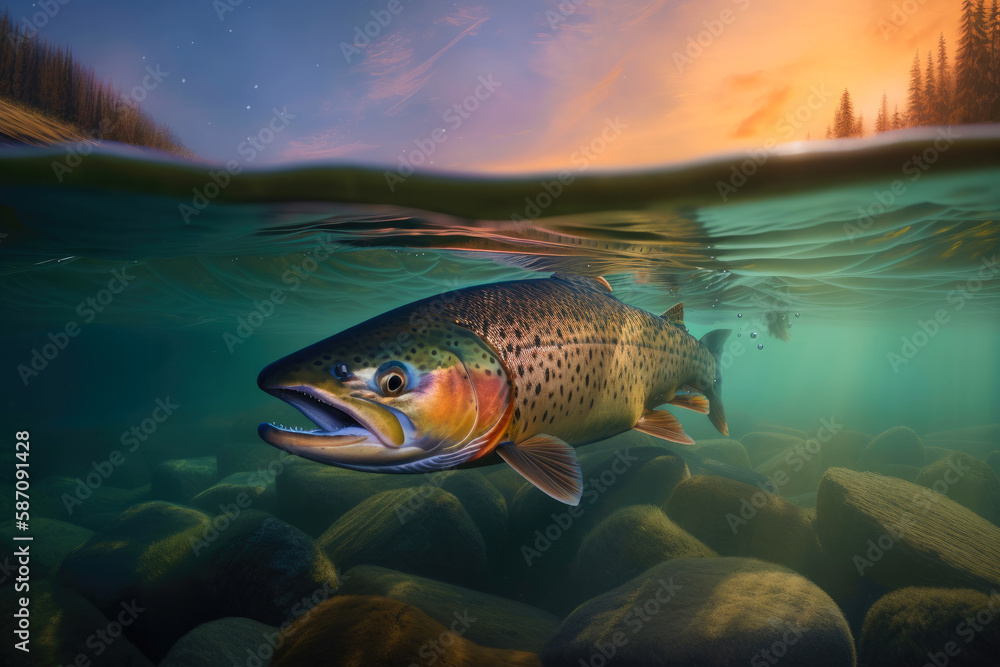 Fototapeta premium Salmon swimming under water, with landscape above the surface - AI Generated