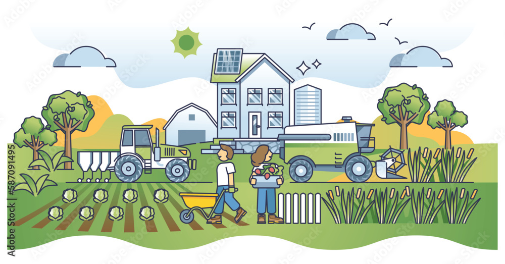 Naklejka premium Sustainable agriculture and ecological local food harvest outline concept. Environmental and nature friendly agribusiness growing vegetables without pesticides vector illustration. Bio farming field.