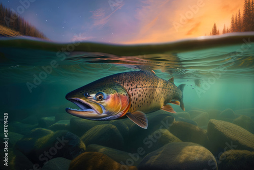 Salmon swimming under water, with landscape above the surface - AI Generated