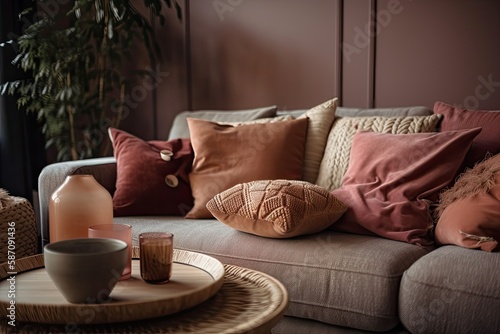 A sofa with a variety of colored cushions next to a wooden side table with decorative foliage plants in a vase and books is an example of a modern, comfortable living room. interior decorating Brown