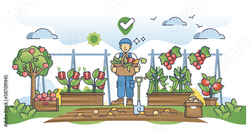 Locally grown food and vegetable farming or harvest process outline concept. Natural products and seasonal gardening for eating vector illustration. Biological farm with fresh and high quality fruits