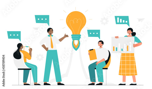 Presentation new idea. Men and women near light bulb. Brainstorming and evaluation of start up or business project. Collaboration and cooperation, board of directors. Cartoon flat vector illustration