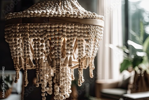 Close up of boho chic white wooden chandelier in living room with hazy backdrop. Vertical picture of natural material lightning apparatus. Generative AI