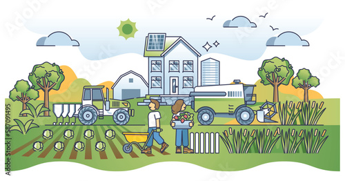 Sustainable agriculture and ecological local food harvest outline concept. Environmental and nature friendly agribusiness growing vegetables without pesticides vector illustration. Bio farming field.